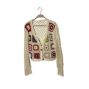 DEBUT Granny Square Cropped Crochet Colorful Buttons‎ Cardigan Sweater S
